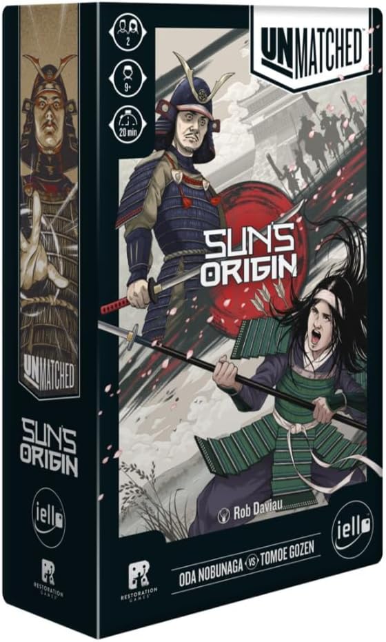 The product image shows the packaging of 'Unmatched: Sun's Origin', featuring illustrations of the historical figures Oda Nobunaga and Tomoe Gozen engaged in a battle scene.