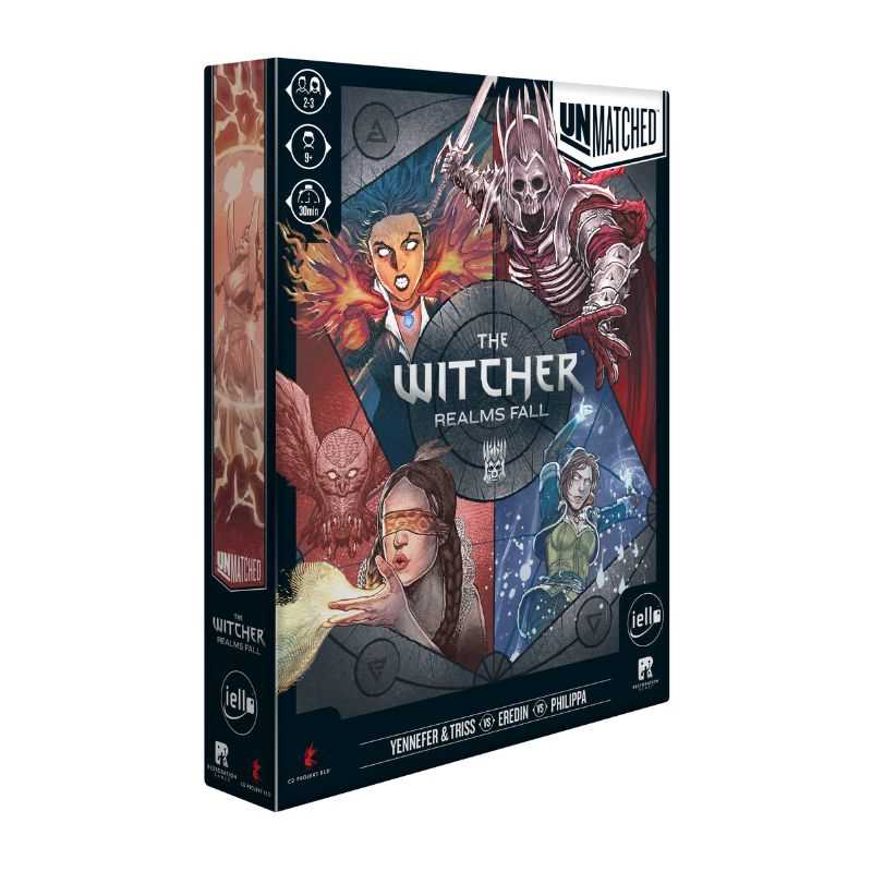 Board game box for 'The Witcher: Realms Fall' by Unmatched Games on a white background