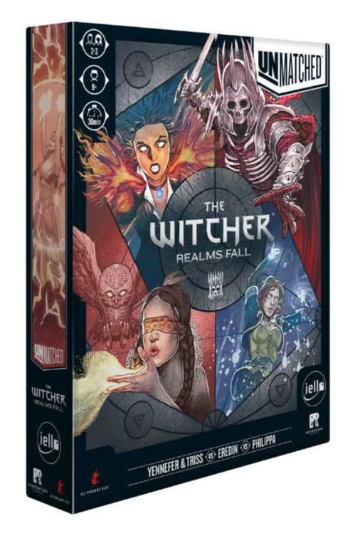 Board game box for 'The Witcher: Realms Fall' by Unmatched Games on a white background