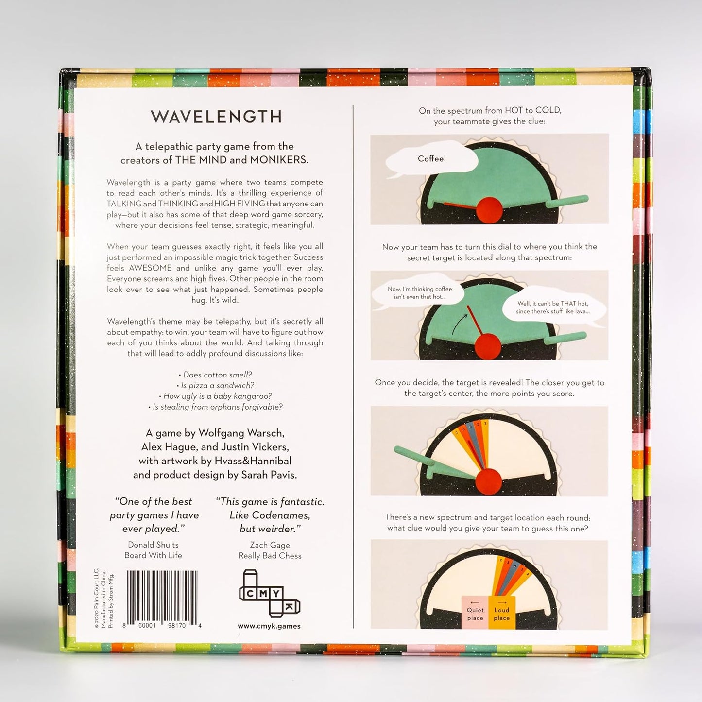 Back cover of a game box for Wavelength by CMYK with colourful design and text