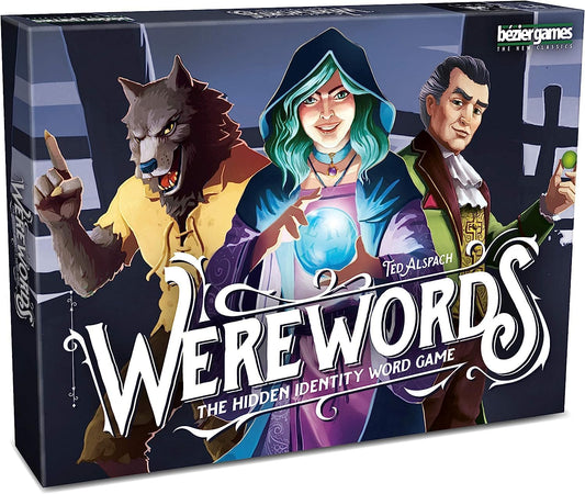 Board game box cover for 'Werewords' featuring cartoon characters playing a game. The box is predominantly black with images of a wizard, a vampire, and a werewolf.