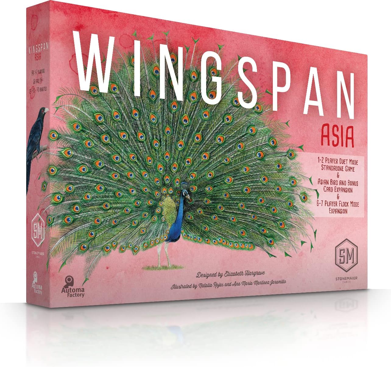 Board game box for 'Wingspan Asia' with a peacock illustration on a pink background