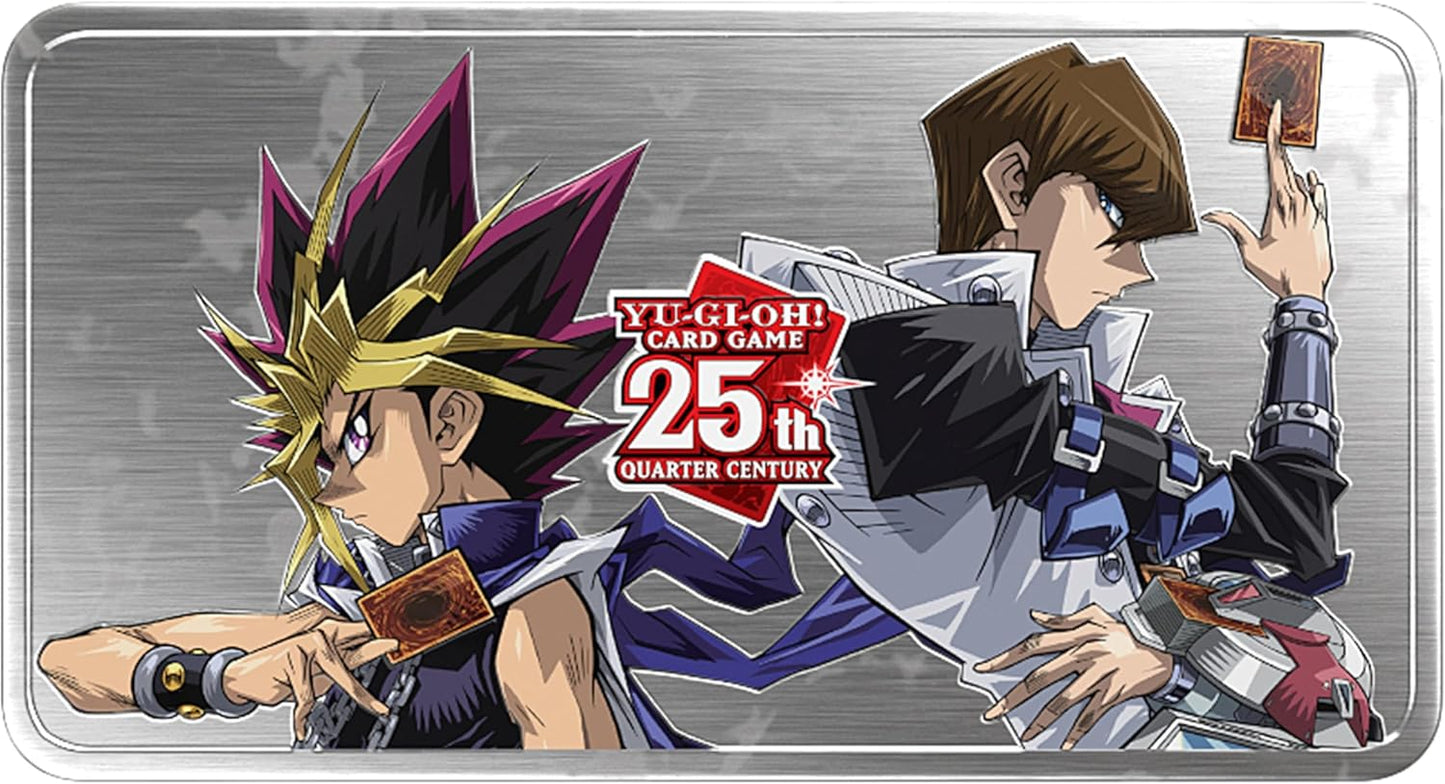 A tin set of the Yu-Gi-Oh! Trading card game Duelling Mirrors features an illustration of characters and cards on its surface.