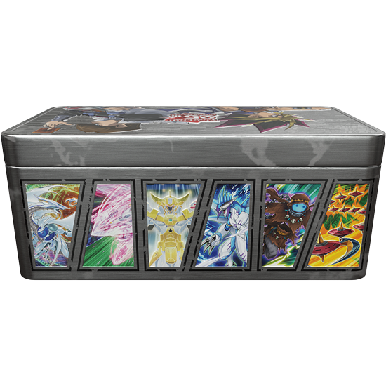 A tin set of the Yu-Gi-Oh! Trading card game Duelling Mirrors features an illustration of characters and cards on its surface.