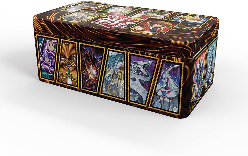 A tin set of the Yu-Gi-Oh! Trading card game Hero's Set features an illustration of characters and cards on its surface.