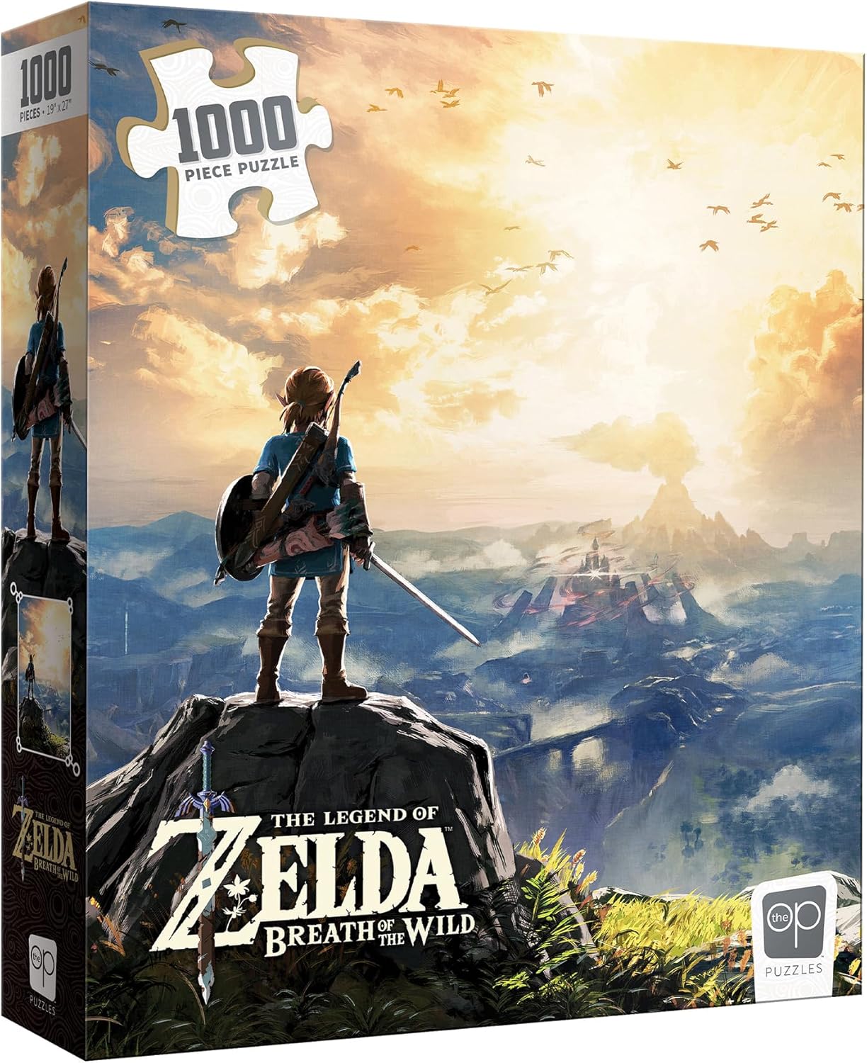 A puzzle box for 'The Legend of Zelda: Breath of the Wild' game, featuring an image of the game's protagonist, Link, standing on a rocky outcrop with a scenic background.