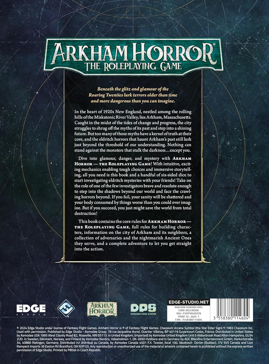 Back cover of Arkham Horror roleplaying game book with text and logos.