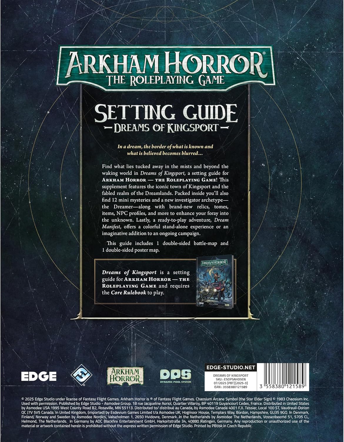 Back cover of Arkham Horror The Roleplaying Game Setting Guide with game logo and text.