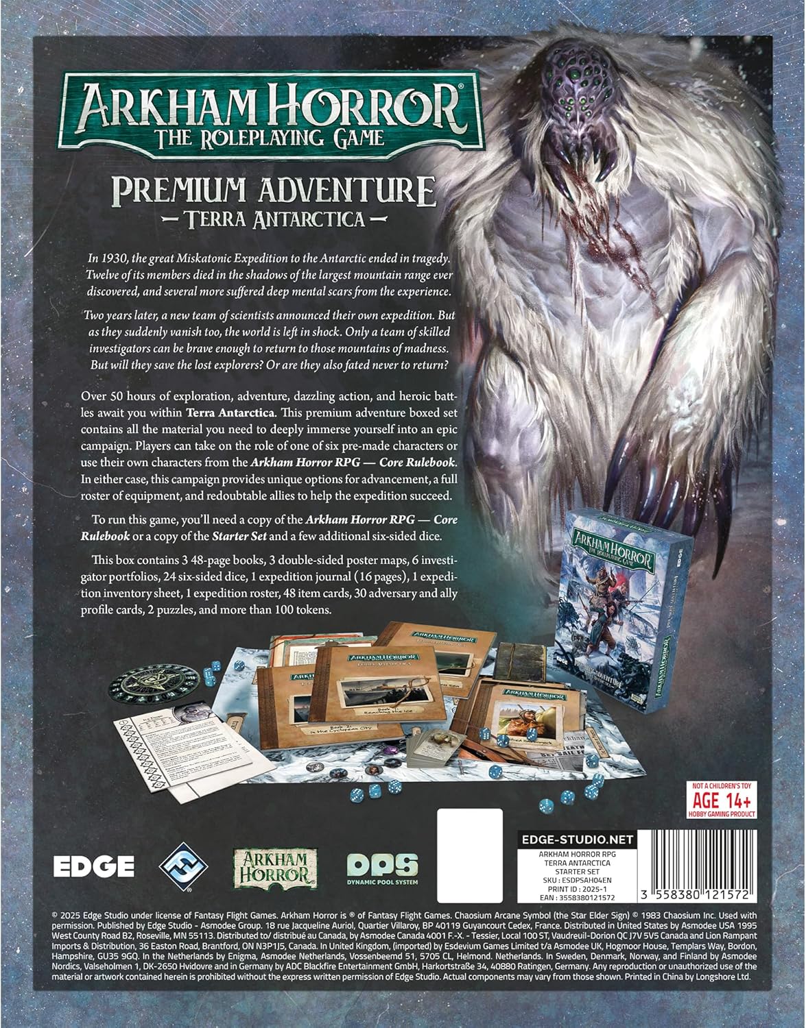 Back cover of Arkham Horror: Terra Antarctica roleplaying game premium adventure set with character illustration and game components.