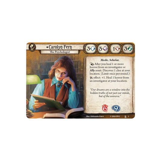 Arkham Horror: The Card Game - Carolyn Fern Investigator Deck Card featuring a character named Carolyn Fern with game text and icons on a white background