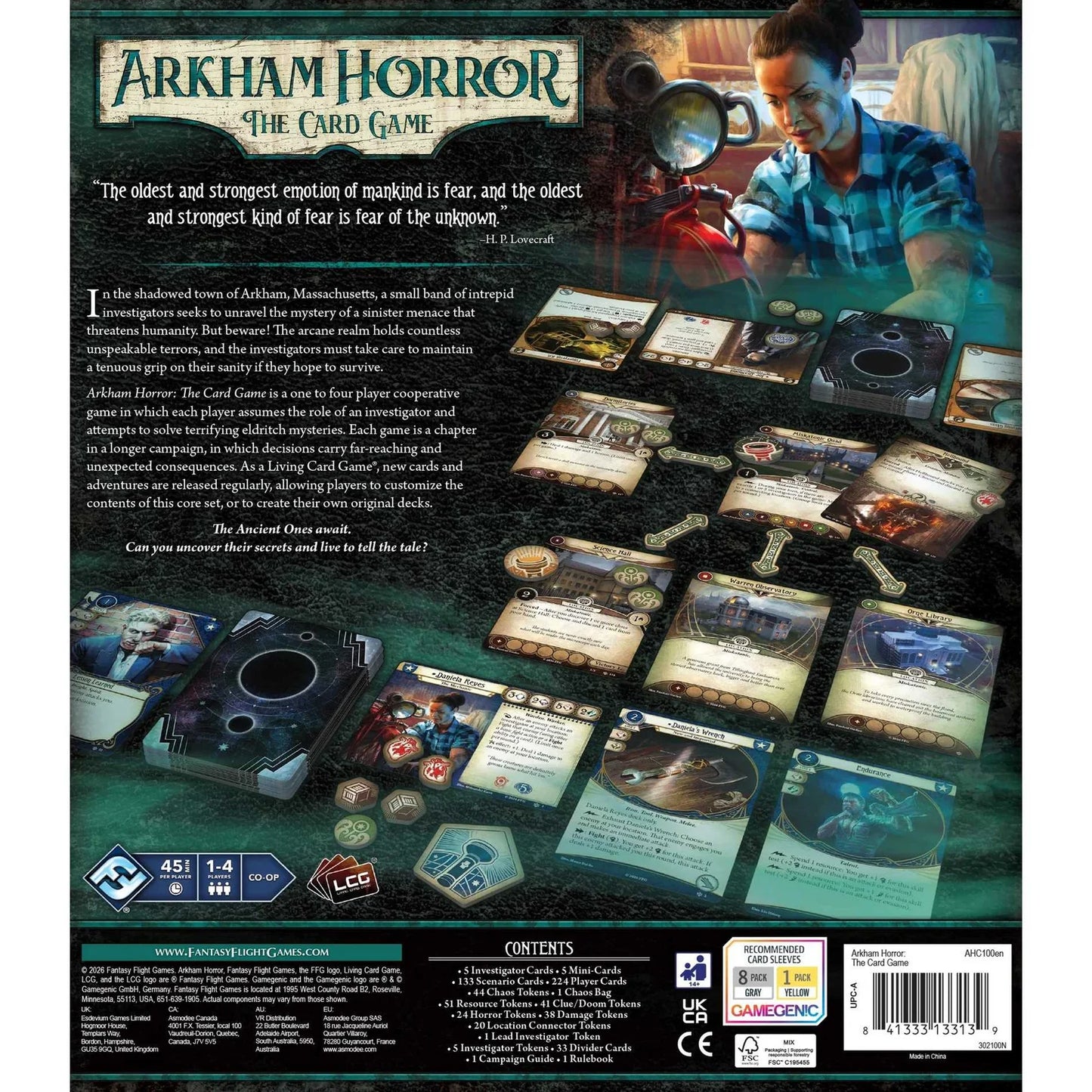 Arkham Horror card game packaging with game components and text