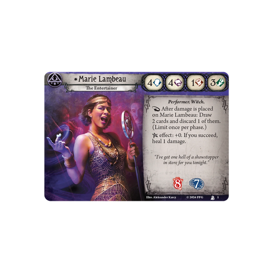 Arkham Horror The Card Game Marie Lam Beau Investigator Deck Card featuring Marie Lambeau, The Entertainer, with game text and icons on a white background