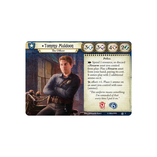 Card featuring Tommy Muldoon, The Officer, from a game with character portrait and text.