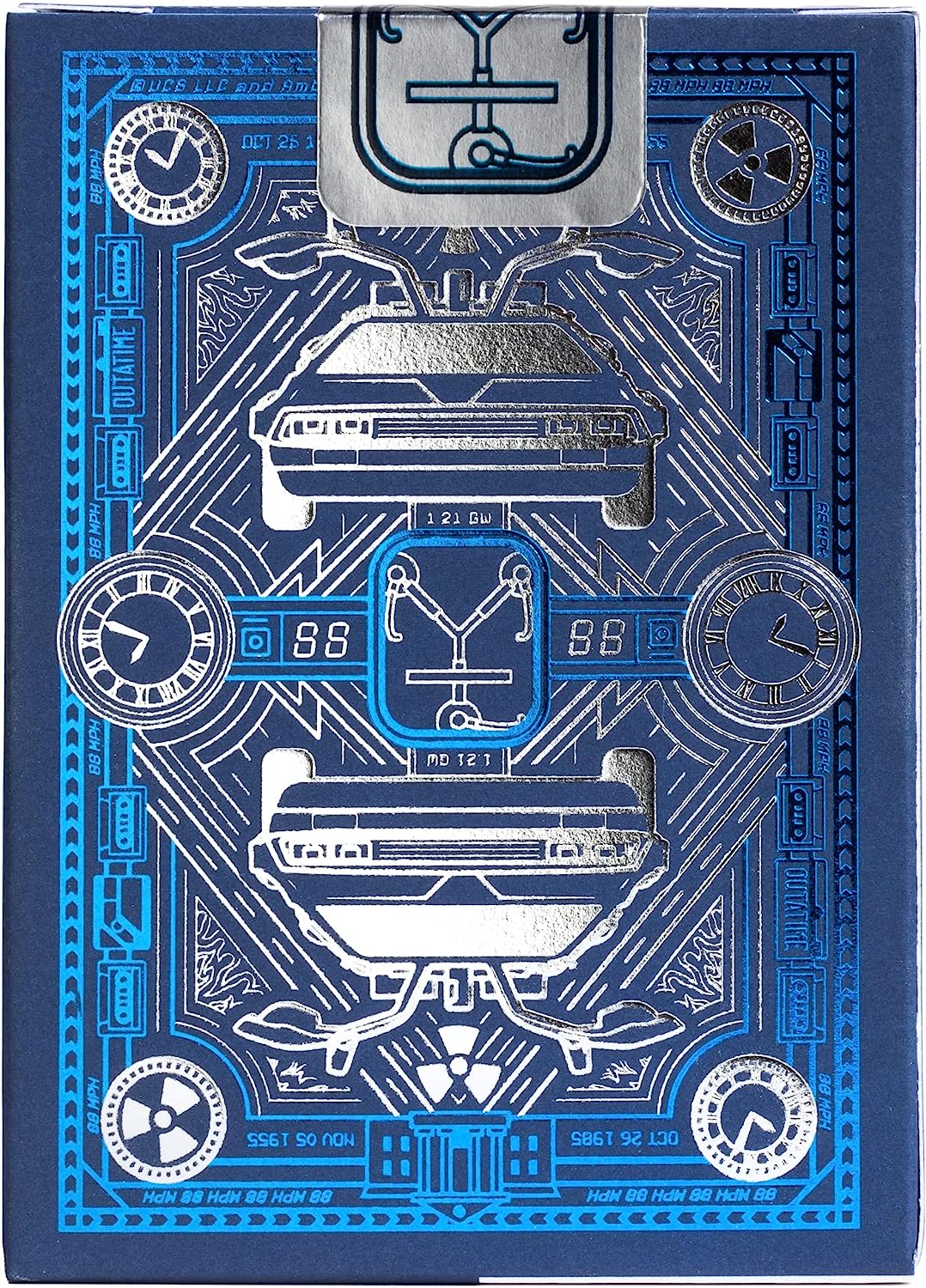 Blue and silver geometric design on a blue background