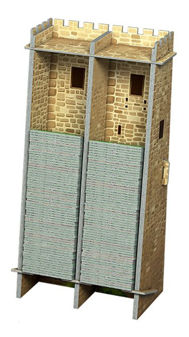 Model of a castle tower with stone walls and wooden accents on a white background