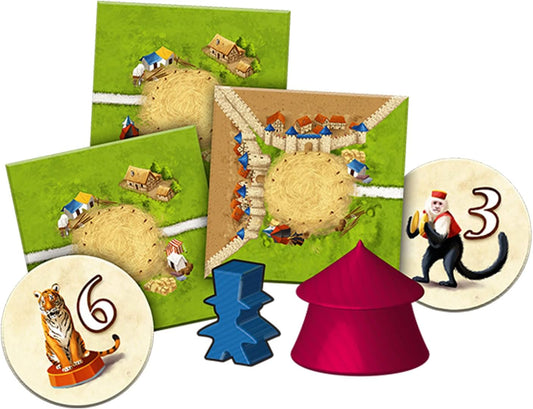 Children's educational game pieces with numbers and characters on a white background