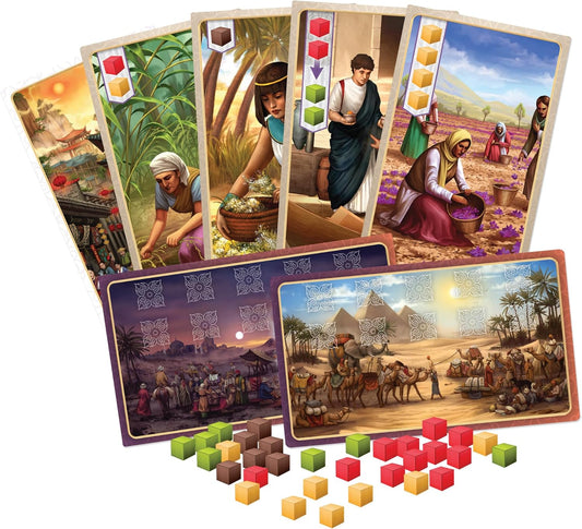 Set of game cards for the board game Century: Spice Road with colourful illustrations and game pieces on a white background