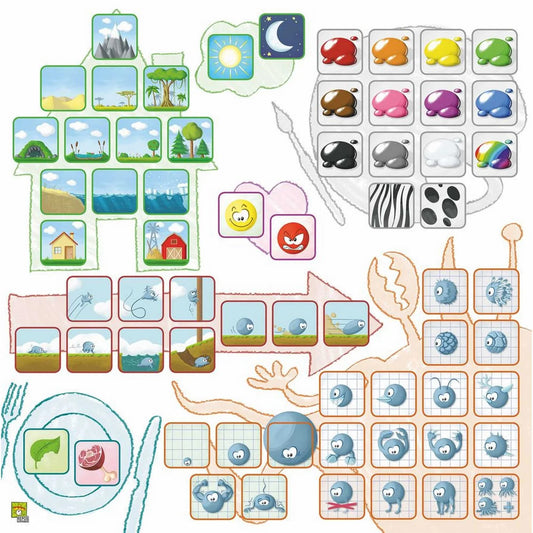 Children's educational board game with various icons and images on a white background