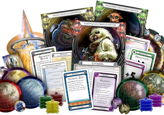 Cosmic Encounter board game cards and game pieces with fantasy elements on a white background