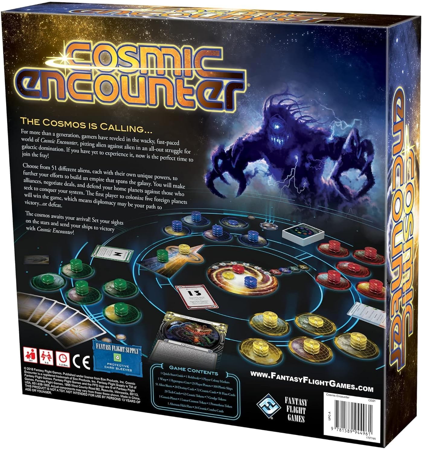 Board game box for 'Cosmic Encounter' with space-themed artwork and text.