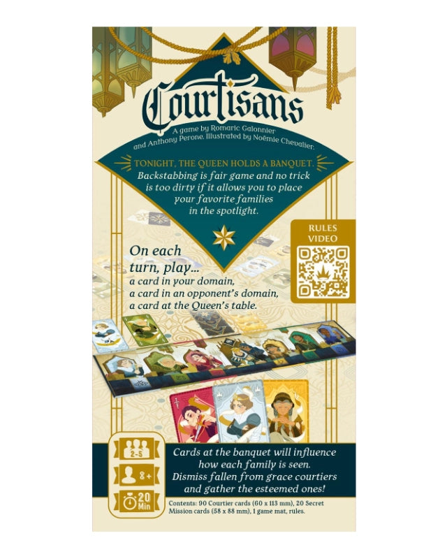 Board game box for 'Courtisans' with game components on a white background