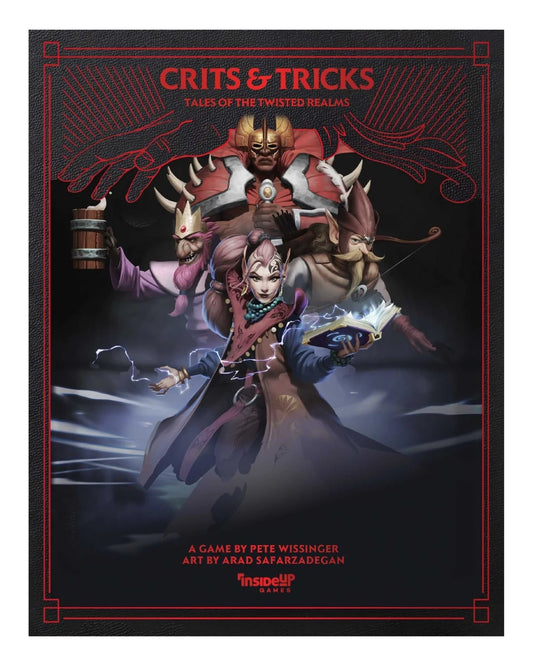 Front cover of the tabletop game box 'Crits & Tricks: Tales of the Twisted Realms' by InsideIP Games, featuring fantasy anime-style artwork of a central character surrounded by creatures against a dark background with red decorative border lines.