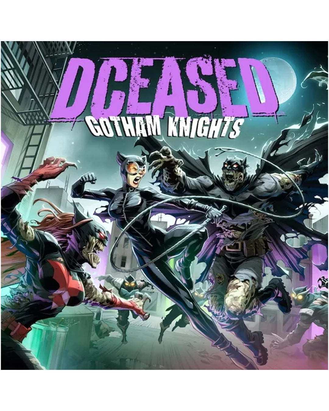 Board game cover art for 'DCEASED: Gotham Knights' featuring Batman, Catwoman, and a zombie-like knight in a dynamic action scene with a purple title logo at the top.