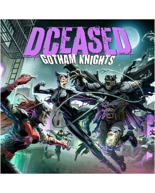 Board game cover art for 'DCEASED: Gotham Knights' featuring Batman, Catwoman, and a zombie-like knight in a dynamic action scene with a purple title logo at the top.