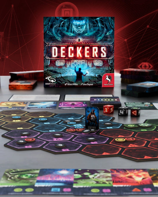 The board game Deckers is displayed with its main box, game board, cards, dice, and tokens on a tabletop. The box features a dark sci-fi illustration with the title 'DECKERS' in large red letters.