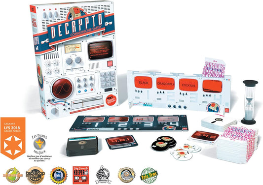 Decrypto the board game and all contents laid out on a white background