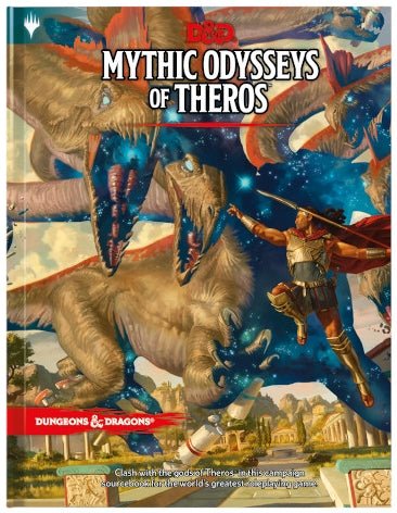 Cover art of the product 'Dungeons & Dragons: Mythic Odysseys of Theros', featuring an illustration with a horse, a character in armour, and a Shenxian-like figure against a backdrop of a city and stars.