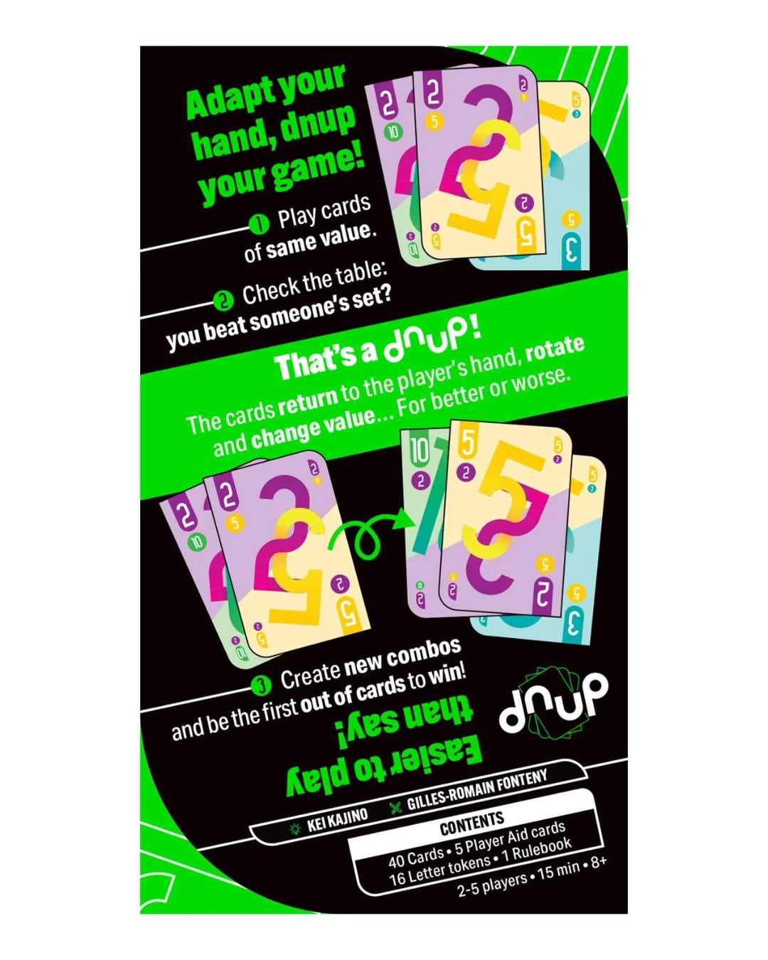 dnup card game rear of packaging with instructions