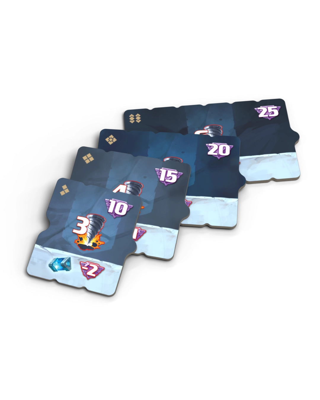 Drillers board game cards or tiles on a plain white background, each showing different colored sections and numbers including 25, 20, 15, 10, 3, and 2.