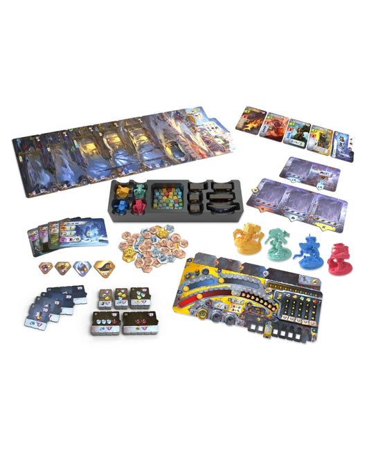 Board game 'Drillers' box components laid out on a white background