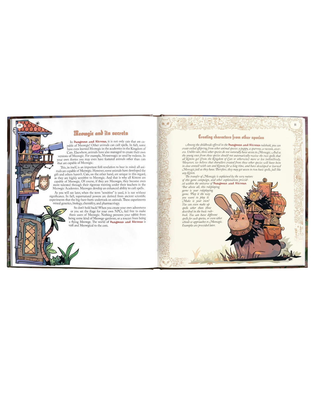 The Source of Meowgic: Dungeons & Kittens hardcover book by Edge, showing two illustrated pages with text. The left page has a colourful illustration of a tower and the title 'Magico and his mates,' while the right page has a beige-toned illustration of a rabbit carrying a large stack of packages under the heading 'Creating characters from other species.
