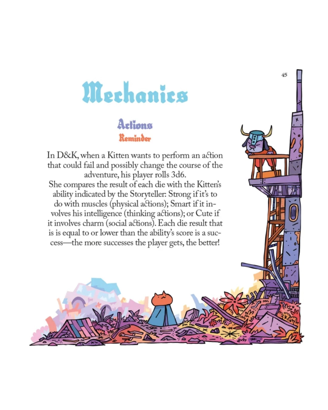 Dungeons & Kittens game core rulebook page with a colourful illustration and text on a white background