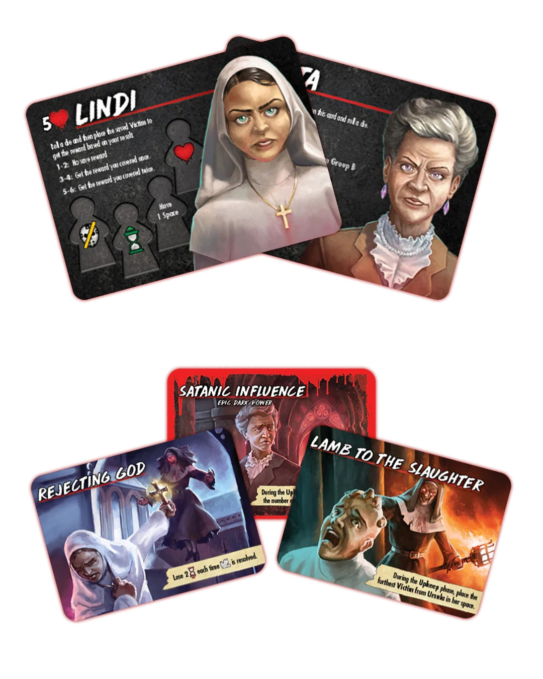 Four illustrated game cards for Final Girl: A Demon in the Shadows board game. Shown on a plain white background. The cards feature horror-themed artwork and text, including names like Lindi, Satanic Influence, Rejection of God, and Lame to the Slaughter.