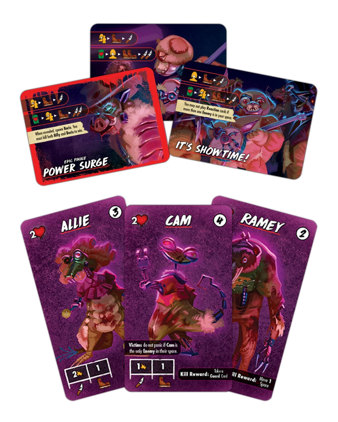 Five illustrated cards for Final Girl: Bad Times at Buddyland arranged on a plain white background, including a red-bordered card labelled 'Power Surge,' a purple card labelled 'Allie,' a purple card labelled 'Cam,' and two purple cards labelled 'Ramey' with monster artwork.