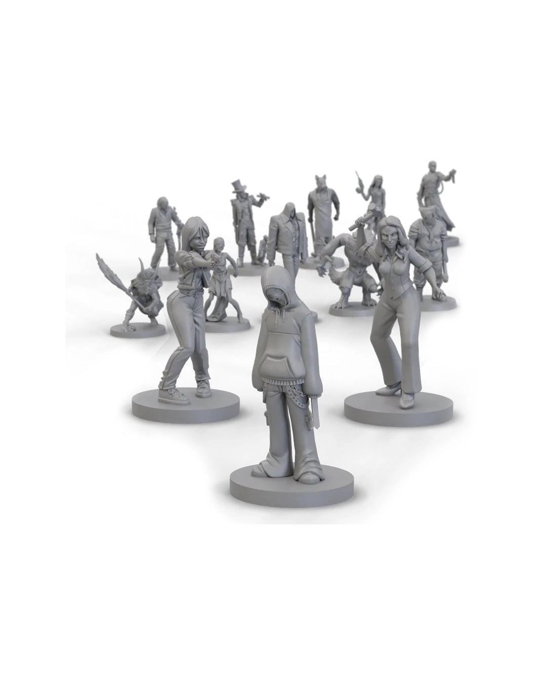 A set of unpainted gray plastic miniature figurines of characters from Final Girl Shriek board game
, displayed on a clean white background.