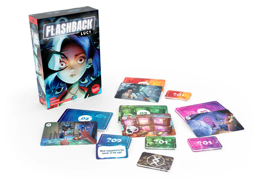 Board game set with 'Flashback Lucy' box and cards on a white background