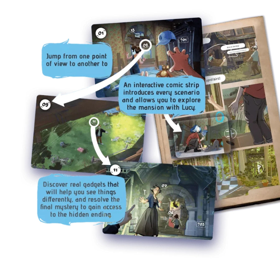 Interactive comic strip with animated characters and text bubbles on a white background