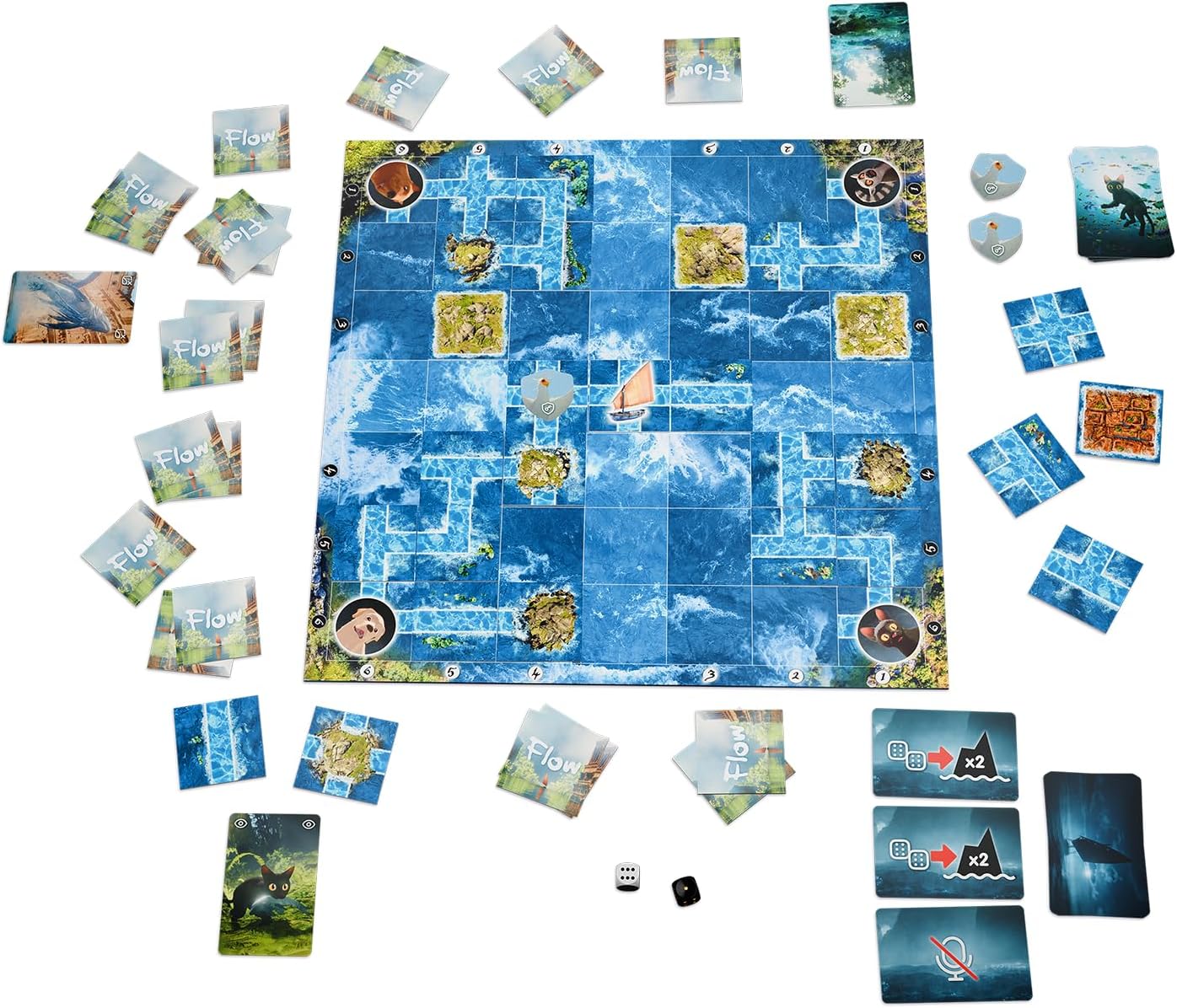 Board game Flow showing setup with a blue map and various game pieces on a white background