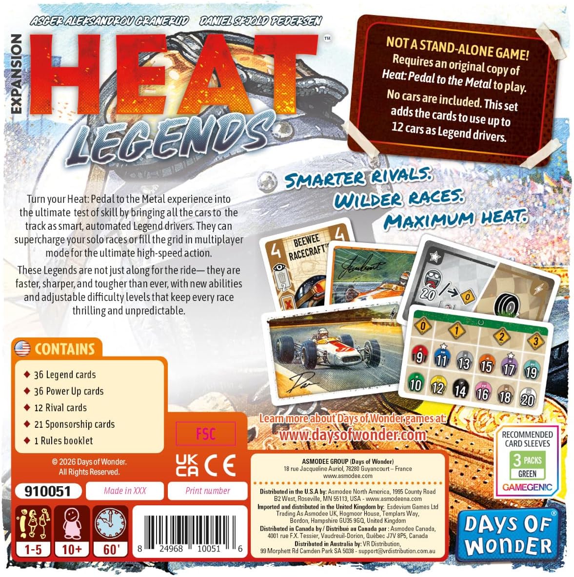 Card game expansion pack for 'Heat: Legends' by Days of Wonder with racing-themed graphics and text.