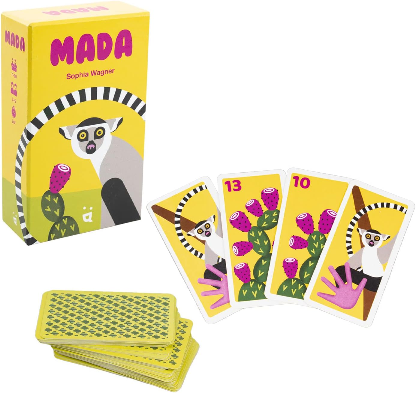MADA card game packaging with cards featuring lemur illustrations on a white background