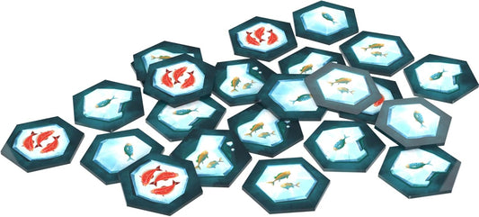 Hexagonal game pieces with fish illustrations on a white background