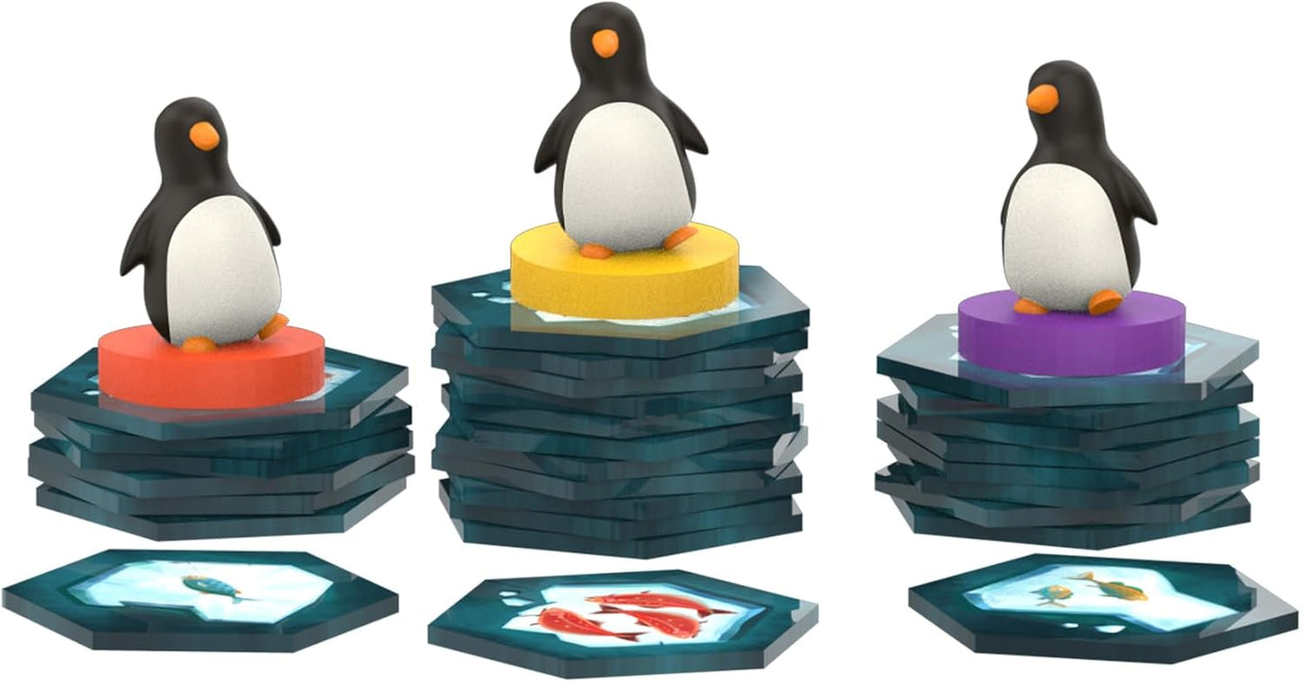 Three penguin figurines on colourful platforms with hexagonal bases featuring images of fish.