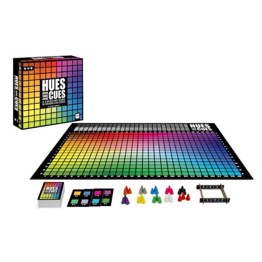 Hues and Cues colour matching game set with a colourful board, cards, and markers on a white background
