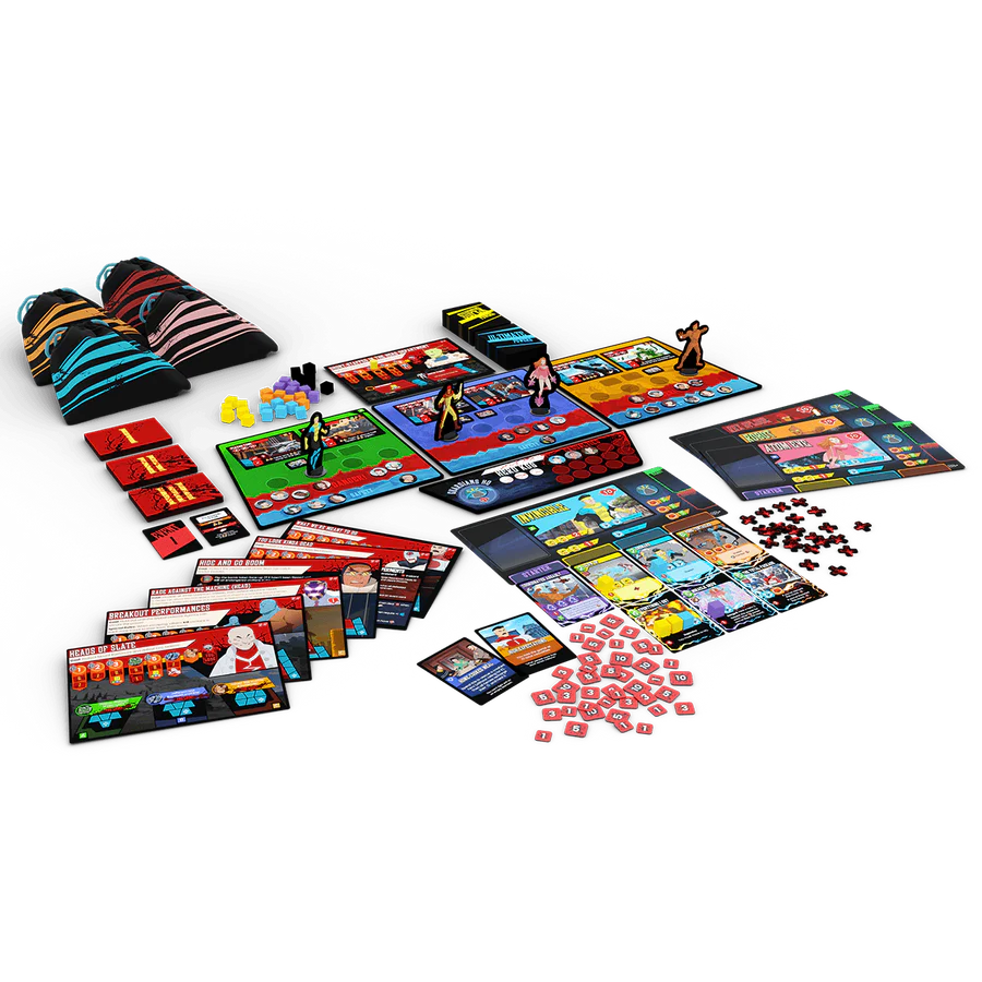 Invincible: The Hero-Building Game with colourful components on a white background