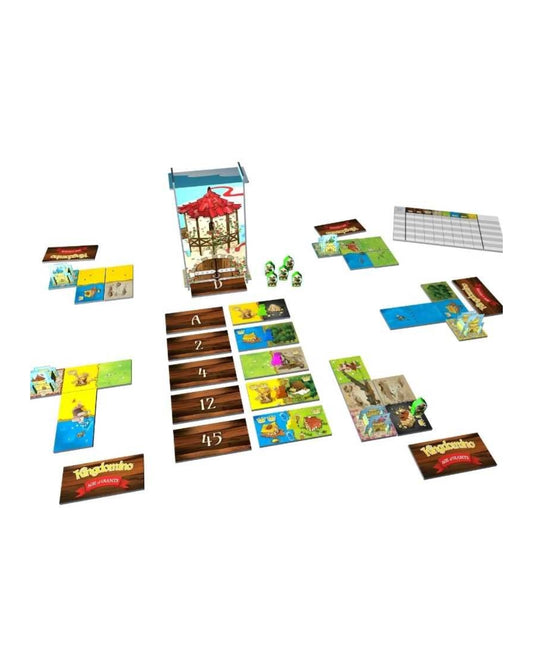 Kingdomino: Age of Giants Expansion Board game components including cards, pieces, and a box on a white background