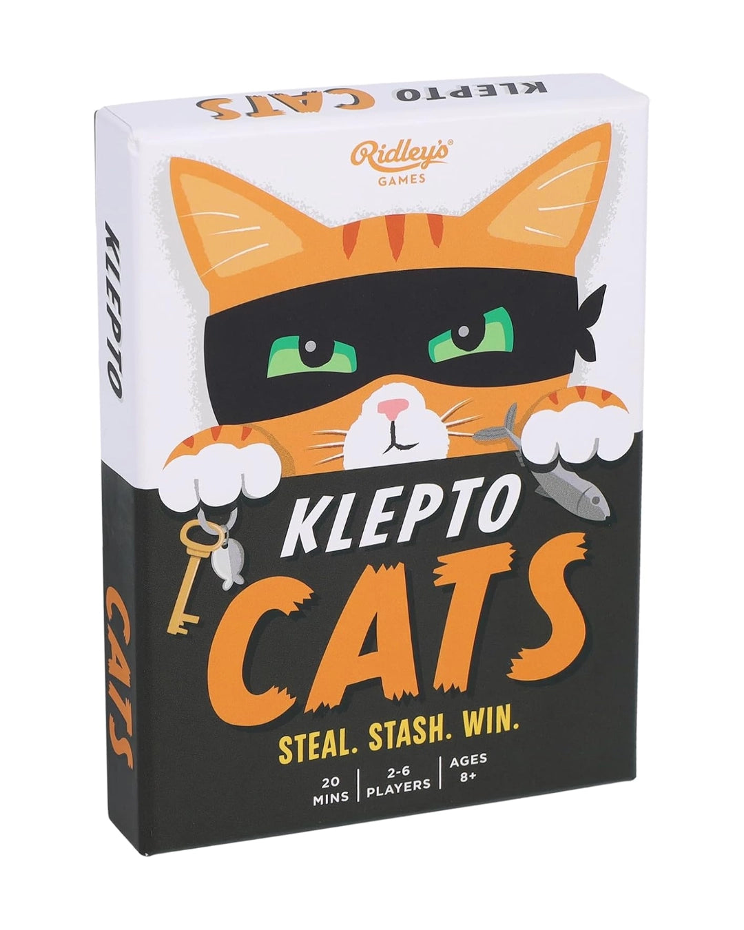 Klepto Cats game box with a cat wearing a mask on a white background